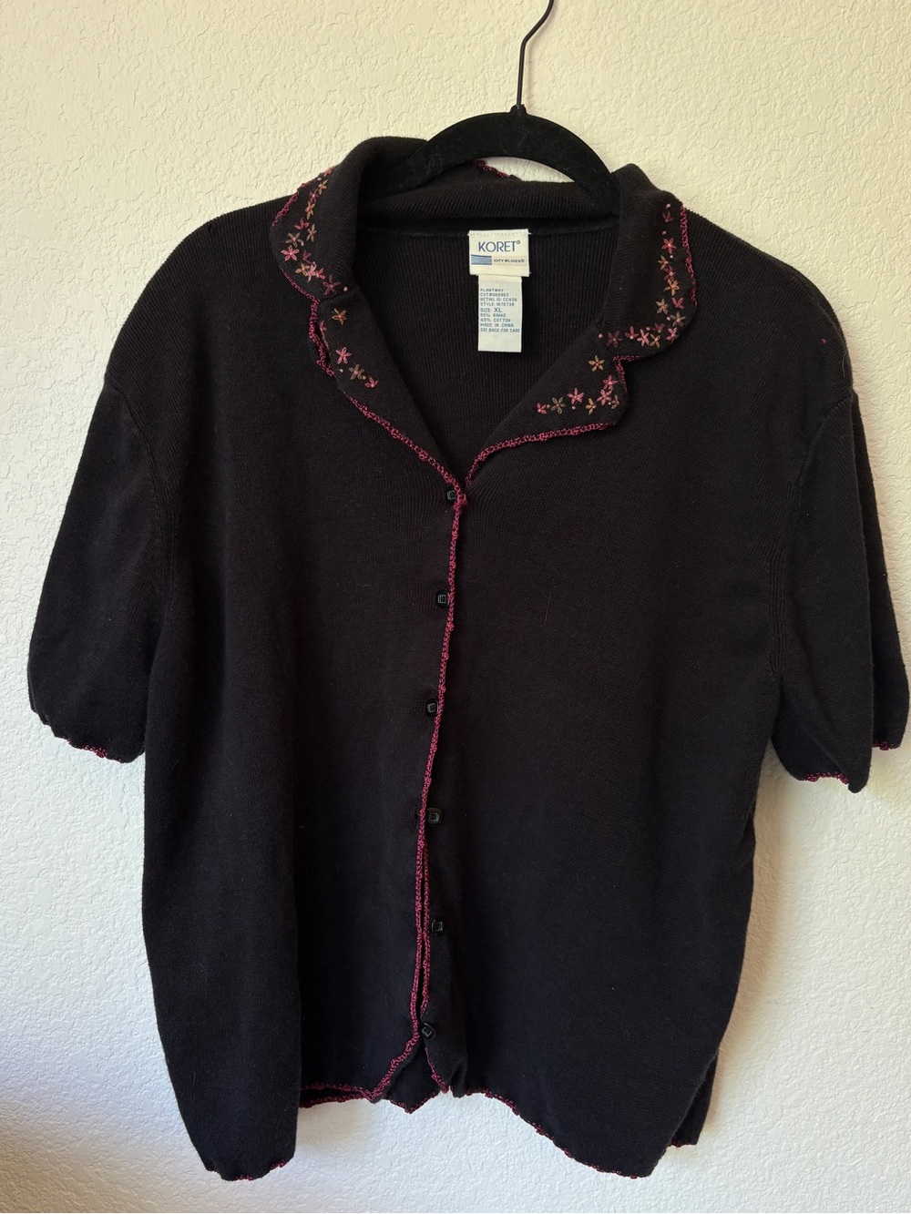 Vintage Black Knit Button Front Top with Pink Floral Trim
